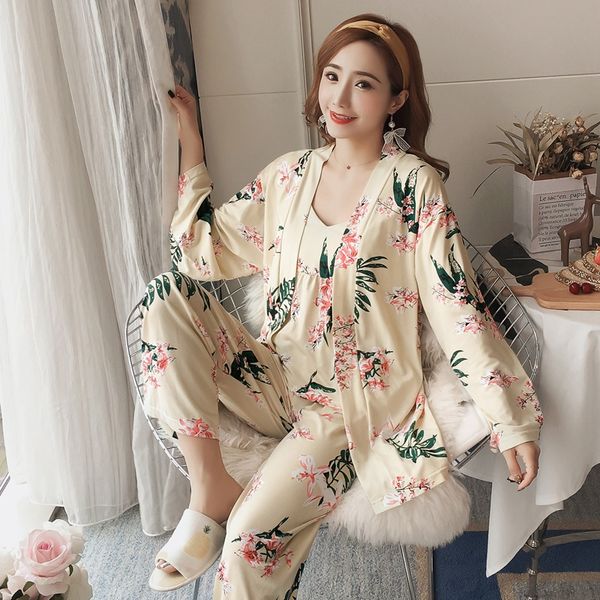 

2019 spring 3pcs cotton pajama sets for women long sleeve robes femme print sleepwear homewear pijama mujer three piece set, Blue;gray