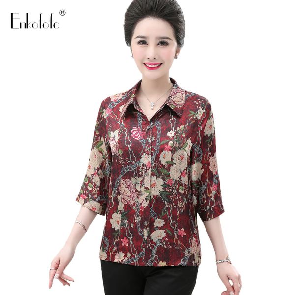 

new spring summer blouse women 3/4 sleeve print shirts fashion leisure chiffon shirt middle aged mother ladies blouses 4xl, White