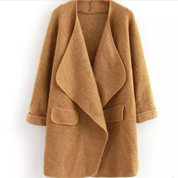 

fashion women long coats casual turn-down collar loose outerwear autumn long sleeve solid outerwear, Black