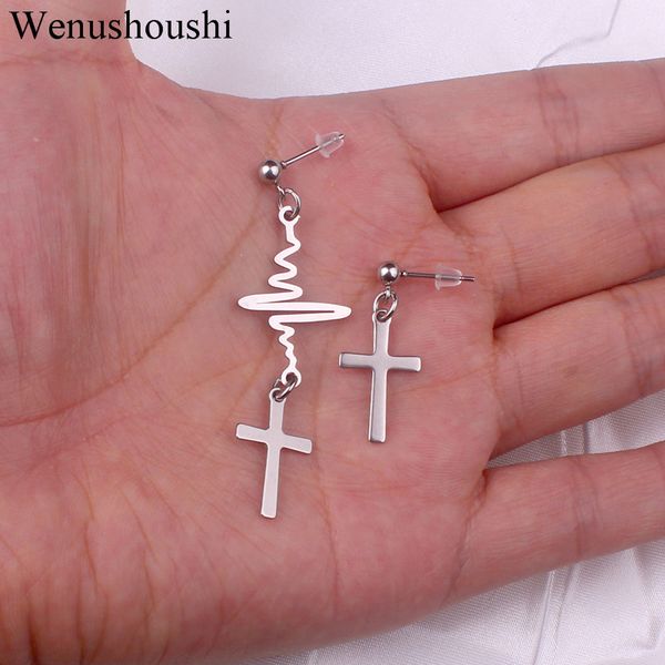 

color no fade ) stainless steel electrocardiogram cross stud earrings girls gifts heart beating earring for women new, Golden;silver