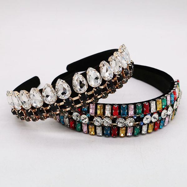 

new baroque luxury colorful crystal headband women crown jewelry wide black velvet rhinestone hairband wedding hair accessories, Golden;white