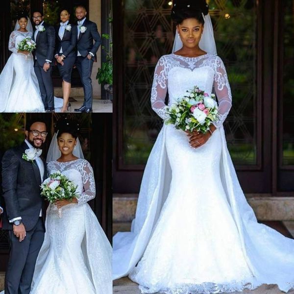 

exquisite illusion mermaid lace wedding dresses detachable skirt long sleeve african arabic dresses country bridal gowns custom made n32, White