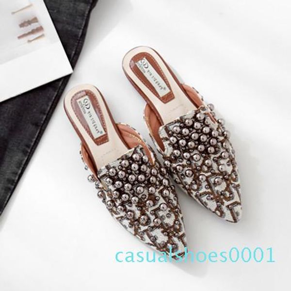 

2019 spring fashion brand designers rivet silk flat leather slipper fashion slip on slides pointed toe loafers mules shoes aq01, Black