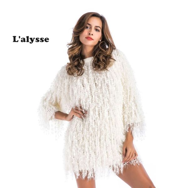 

lalysse autumn sweater o-neck solid color hand-knitted faux fur knitted coat elegant christmas party evening women sweater, White;black