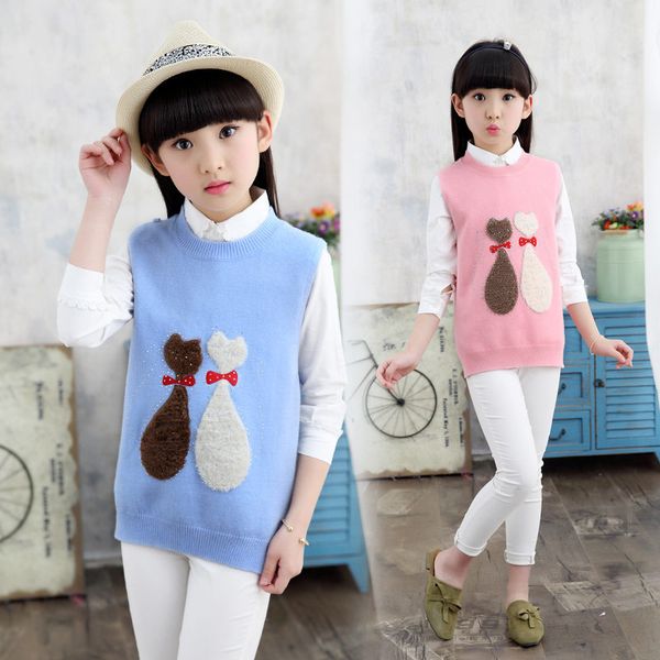 

малыша девушки рукавов вязать жилет дети вязание pattern детские обрезается свитер жилет подростков девочка мультфильм трикотаж жилет, Blue