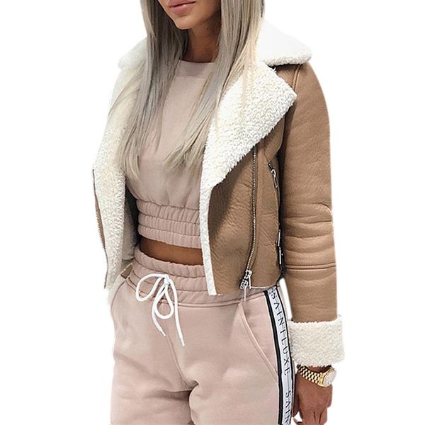 

2019 autumn women outerwear winter coats jackets lapel suede leather buckle cool pilot jacket faux lamb wool motorcycle jackets, Black;brown