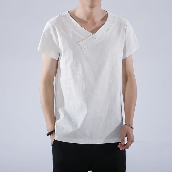 

2019 summer casual chinese style cotton linen men tshirt streewear vintage harajuku t-shirts mens solid male clothes t shirt, White;black