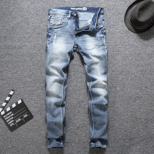 

italian vintage designer fashion men jeans light blue summer slim fit ripped jeans men streetwear hip hop pants classical
