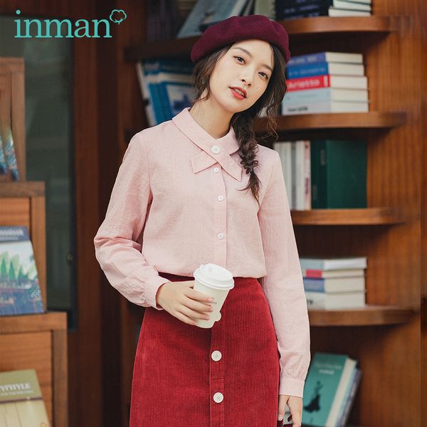 

inman 2020 spring new arrival literary age reducing solid color single breasted women loose style shirt, White