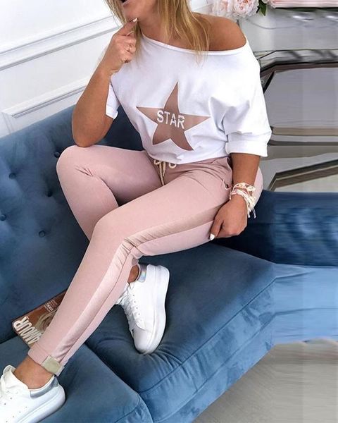 

star print & drawstring design pant sets women casusal two piece set spring 2020 tracksuit mujer, White