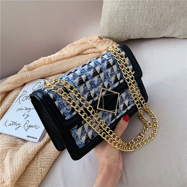 

2019 new women shoulder messenger bag designer buckle fashion handbag korean style cotton plaid chain leather small square bags