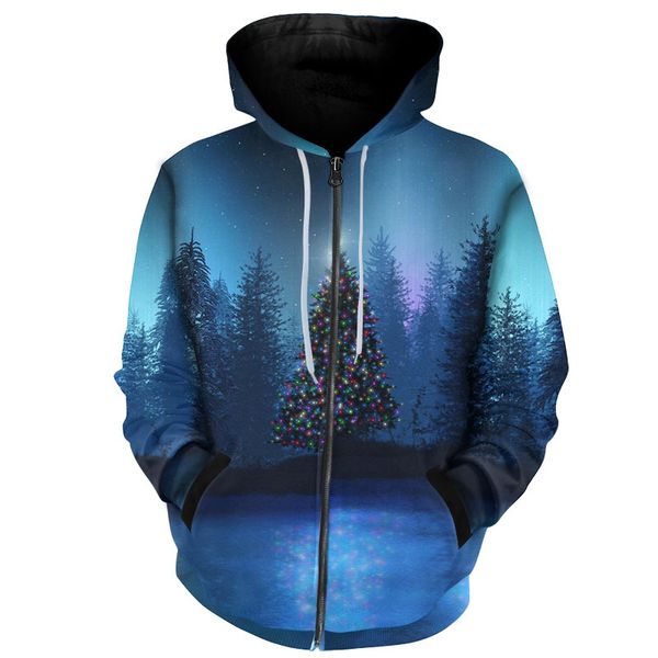 

cloudstyle hoodies zip up men sweatshirts blue lake forest tree printed 3d tracksuits winter jogger jacket hooded, Black