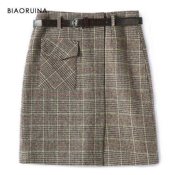 

biaoruina женского vintage plaid pencik юбка с поясом управления леди корейского стиль элегантных теплой осенью зима мини-юбкой, Black