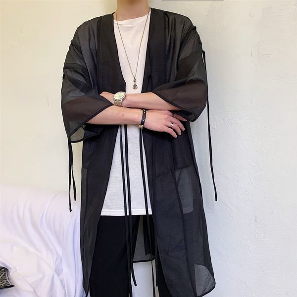 

male japan streetwear punk gothic hip hop long cardigan jacket stage clothing men translucent mesh trench coat, Tan;black