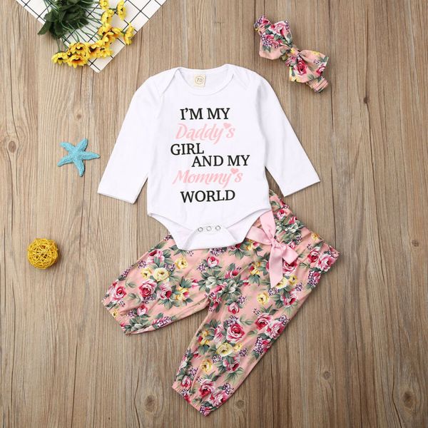 

0-24 months newborn 3pcs set girls clothing set cute baby girl clothes long sleeve bodysuit flower pants baby girls outfits, White