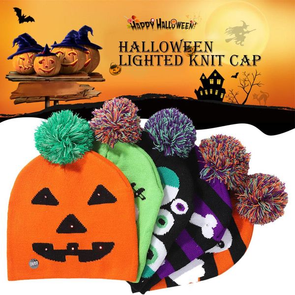 

2019 halloween new shiny knit hat children's hat party supplies pumpkin ghost with light cap halloween decoration led
