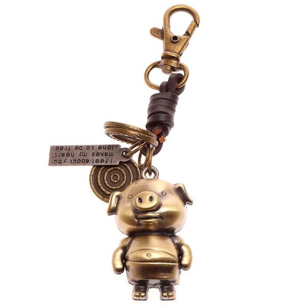 

1pc couple gift bag trendy vintage trinket pig pendant key chain car accessories leather braided rope cute cartoon animal, Silver