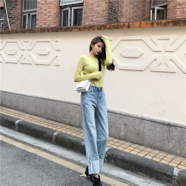 

women 2019 new high waist jeans vintage casual solid pockets denim straight pants female loose jeans, Blue