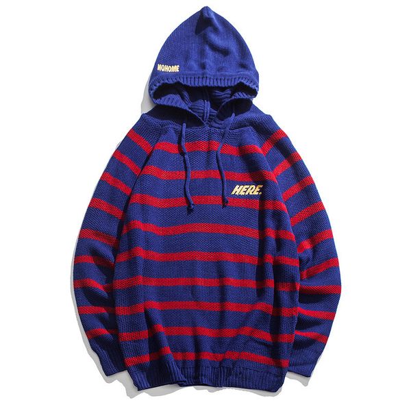 

knitted here no home embroidery hip hop hooded sweater coat for men urban boys fashion streetwear knit striped pullover jumper, White;black
