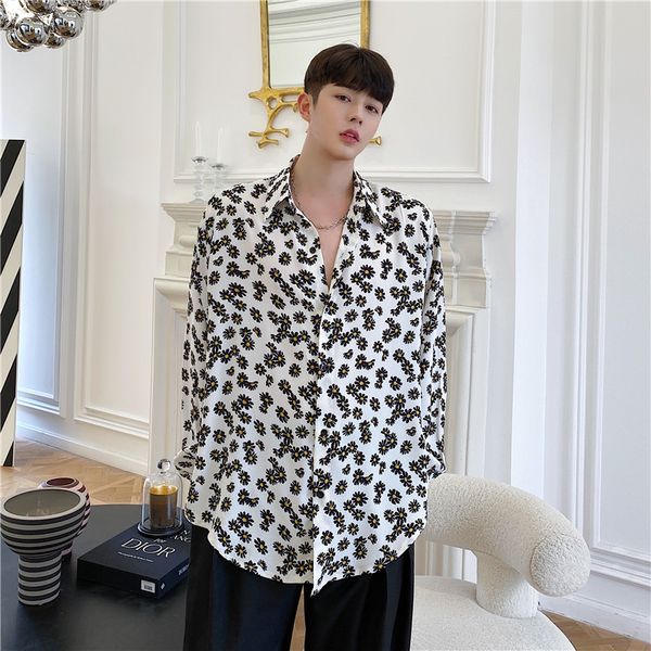 

male streetstyle hip hop retro fashion loose shirts beach shirt coat men flower print long sleeve casual shirt, White;black