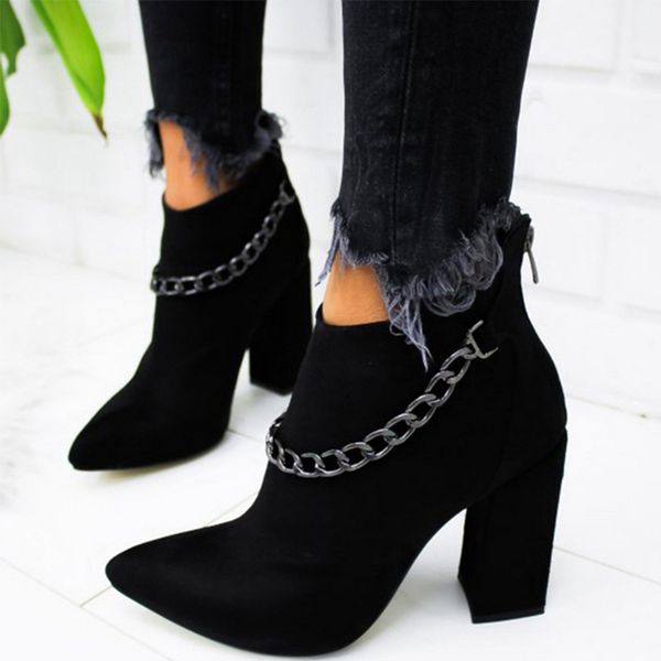 

women's ankle boots woman zipper chains shoes women pointed toe high heel short boots ladies fashion plus size 2019 female, Black