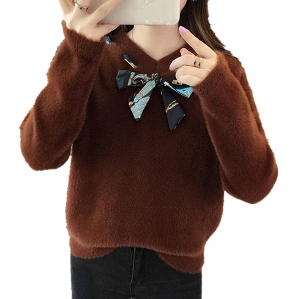 

2019 new autumn winter cashmere solid sweater female sweet bowtie casual loose pullover sweater long sleeve v neck jumper, White;black