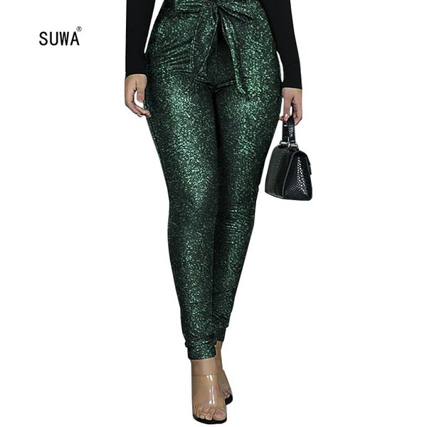 

sparkling pure green color slim pencil pants wholesale classical streetwear women bow high waist fitting trousers leggings, Black;white