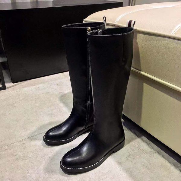 

2020 womens boots 100% cowhide long boots luxury rain shoes black flat-bottomed flat zipper fashion over the knee thigh high boots