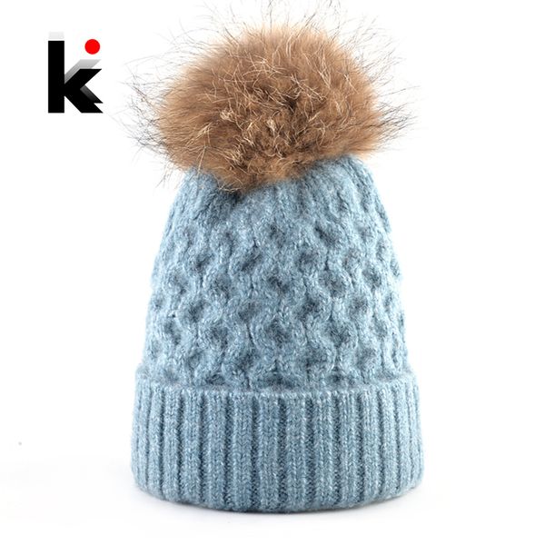 

women's winter beanie ladies warm knitted wool beanies hat with real fur pompom ball girls solid color knit woolen gorras bonnet, Blue;gray