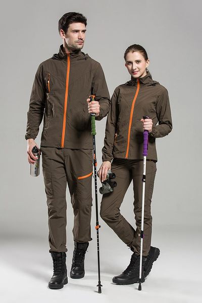 

couples wear outdoor hiking jacket suits waterproof plus size windbreaker womens quick drying mens fishing jacket set mountaineer camping, Gray