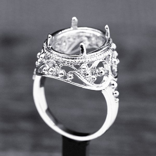 

helon sterling silver 925 unique art deco engraved 14x17mm oval semi mount ring setting vintage estate trendy fine jewelry, Golden;silver