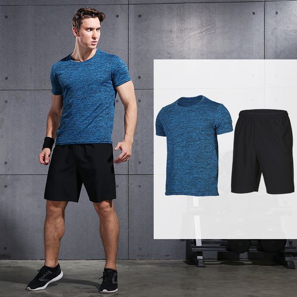 

men's compression running suits quick dry shirt+shorts sets summer football training kits 2 pcs fitness gym clothes sets, Black;blue