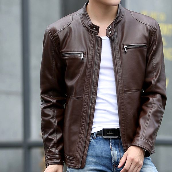 

5xl men's leather jackets men stand collar coats male motorcycle leather jacket casual slim brand clothing sa010, Black