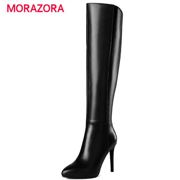 

morazora 2018 new fashion pointed toe over the knee boots stiletto heel genuine leather boots super high heel platform, Black