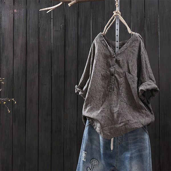 

2019 vintage striped blouse casual autumn v neck long sleeve loose work blusas femininas cotton linen shirt, White