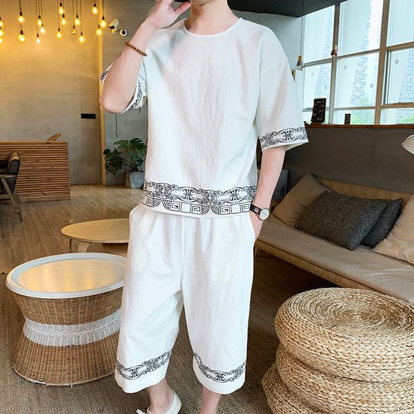 

men's tracksuits summer cotton and retro ethnic print short sleeve t-shirt set fashion two piece of chinese style, Gray