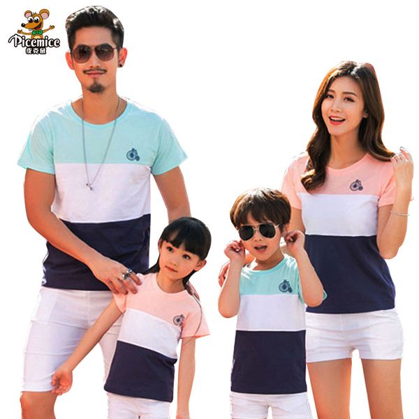 

family clothing outfits fashion striped summer short sleeve t-shirt matching family set for mother daughter and father son, Blue