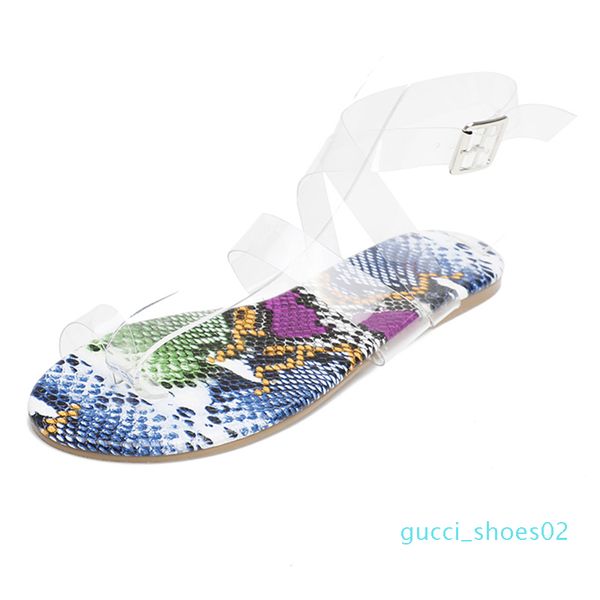 

summer 2020 designer women pvc clear low heels flats sandals gold snake print flat sandals flip flops plus size shoes 01d g02, Black