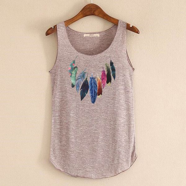 

tank summer new sleeveless round neck loose tees ladies colored feathers printing t shirt vest singlets, White