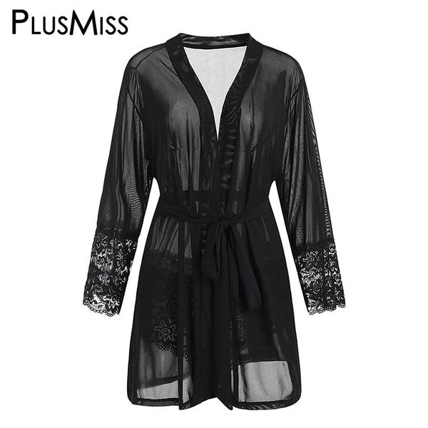 

plusmiss plus size black erotic lingerie sleepwear robe women vintage nightgown lace night home dress see through underwear, Black;red