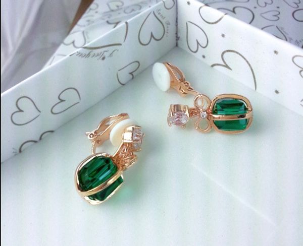 

green crystal cube earrings rhinestone bowknot ear clip on earrings without piercing for women girls party jewelry ear cuff, Silver