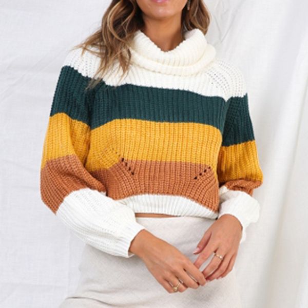 

fall 2019 striped patchwork crop sweater women pullover turtleneck rainbow sweater pullovers slim knitwear cute, White;black