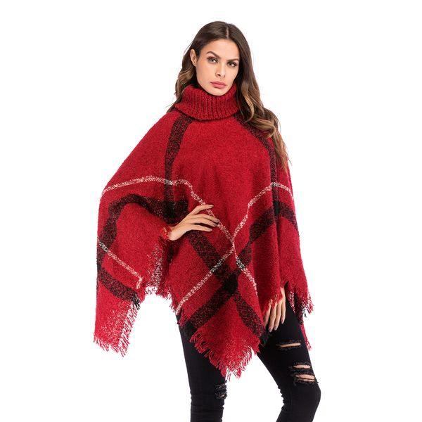 

autumn and winter fashion female new plaid tassel high collar pullover knitted turtleneck sweater women's irregular cloak shawl, Black