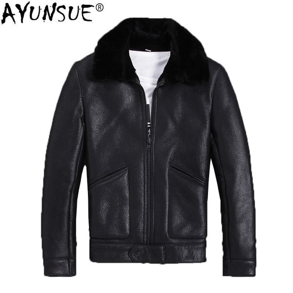 

ayunsue genuine sheepskin leather jacket men autumn winter real wool fur coat bomber shearling leather jackets m-s-n-7 kj1315, Black