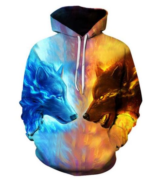 

new fashion sweatshirt men / women 3d hoodies ice fire wolf harajuku style stylish hooded hoodies usa054, Black