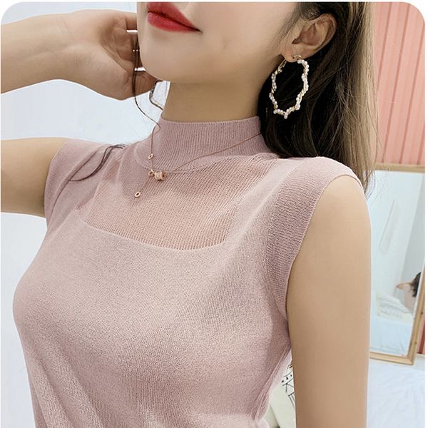 

ladies tank crop collar tank solid women sleeveless knitted vest female elasticity solid slim 2019 summer solid, White