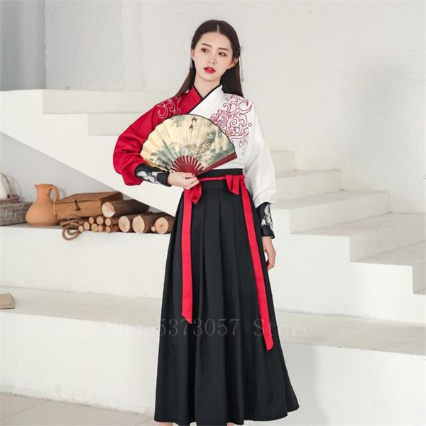 

chinese ancient traditional dance clothing hanfu for women streetwear asymmetric stitching embroidery fashion folk skirt set, Black;red