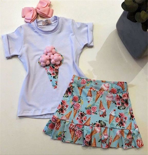 

2pcs toddlers kid baby girl cotton clothes t-shirt skirts floral outfits, White
