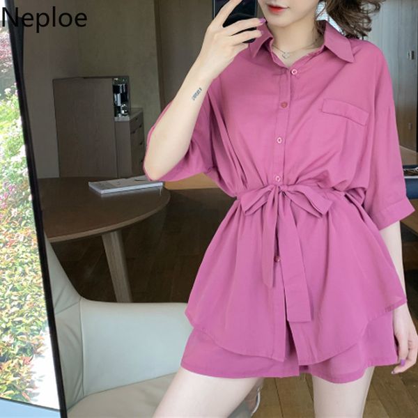 

neploe 2piece set women half sleeve sashes slim waist blouse + stretch waist wide leg shorts korean causal 2020 sets 4c003, White