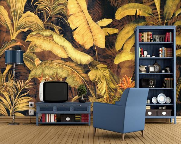 Photo Wallpaper beibehang Personalizado 3D coqueiro ouro pintura a óleo chuva planta floresta tropical do fundo da parede 3d papel de parede